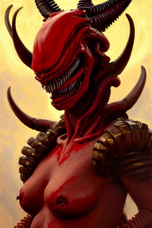 Image similar to painted close - up portrait of a very attractive red - skinned intimidating demon xenomorph queen with ram horns! oil painting, wearing a noblewoman's outfit, fantasy art by john singer sargent and gaston bussiere and james jean and greg rutkowski, demon noble character design, hd