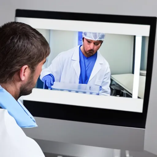 Prompt: radiologist looking at computer screen while surgeons impatiently wait for his opinion