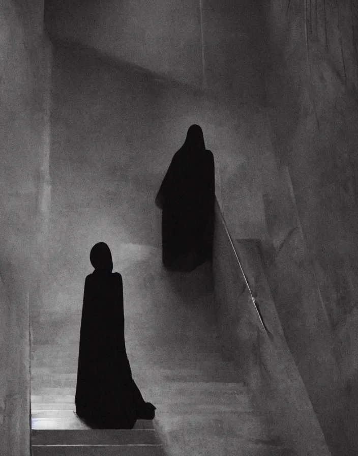 Prompt: a figure shrouded in a long trailing pitch black gown, descending a giant marble staircase in a dark room, photorealism, hyperrealism, harsh lighting, dramatic lighting, medium shot, serious, gloomy, foreboding, cinematic