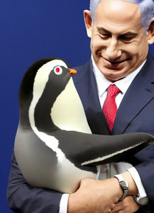 Image similar to benjamin netanyahu hugging a penguin