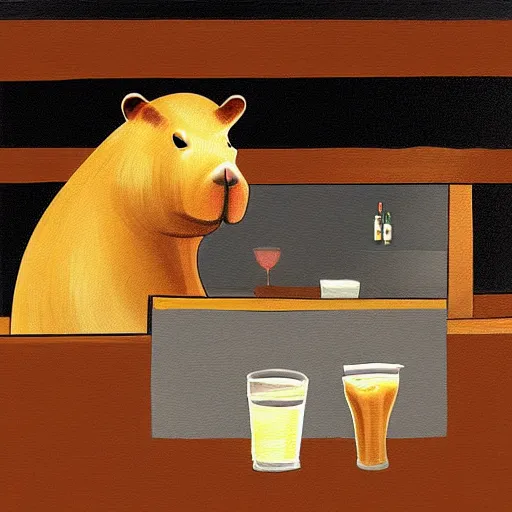 Prompt: capybara drunk at a bar digital art painting