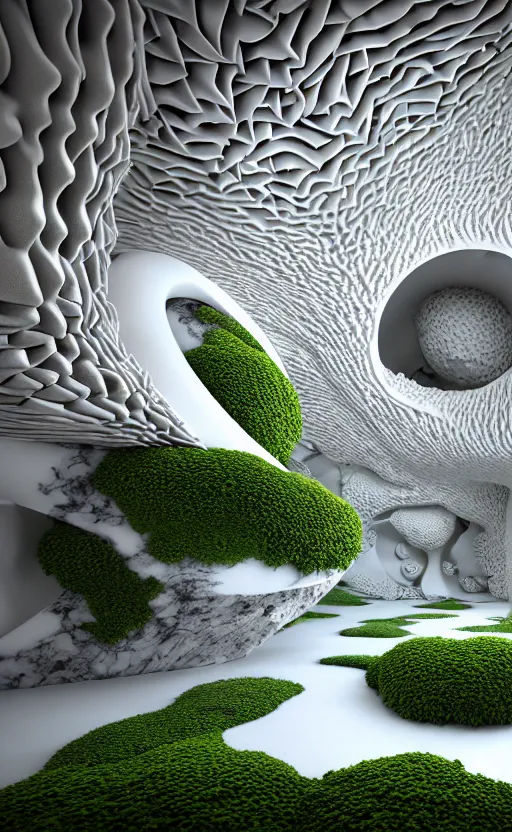 Prompt: highly detailed ultra sharp 3 d render villa interior cinematic composition of a smooth ceramic porcelain biomorphic magnolia stone nebula fluid fractal sci - fi surreal architecture, white granite, corals, lichen, marble, moss, vincent callebaut composition, mamou - mani, archviz, beautiful lighting, 8 k, unreal engine, hdr,