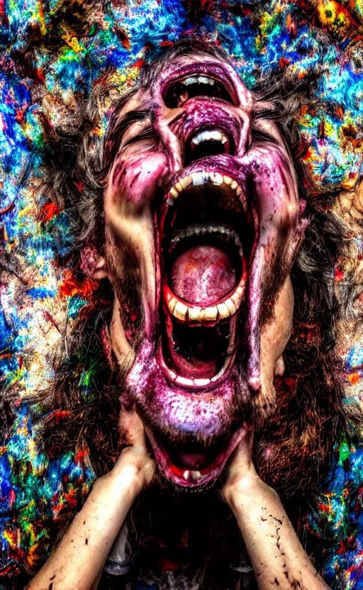 Image similar to image of random arts, weird, chaos, art, human face, grimace of pain and scream, 8K, HDR