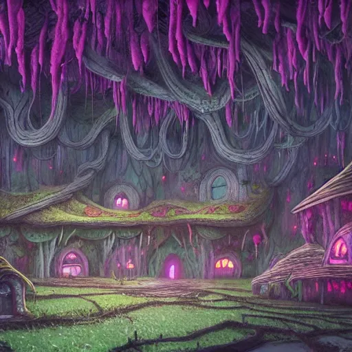 Image similar to concept art painting of a interior of a fungal alien fantasy fairytale house made of mushrooms, with black vines, realistic, detailed, cel shaded, magenta and gray, dark, in the style of makoto shinkai and greg rutkowski and james gurney
