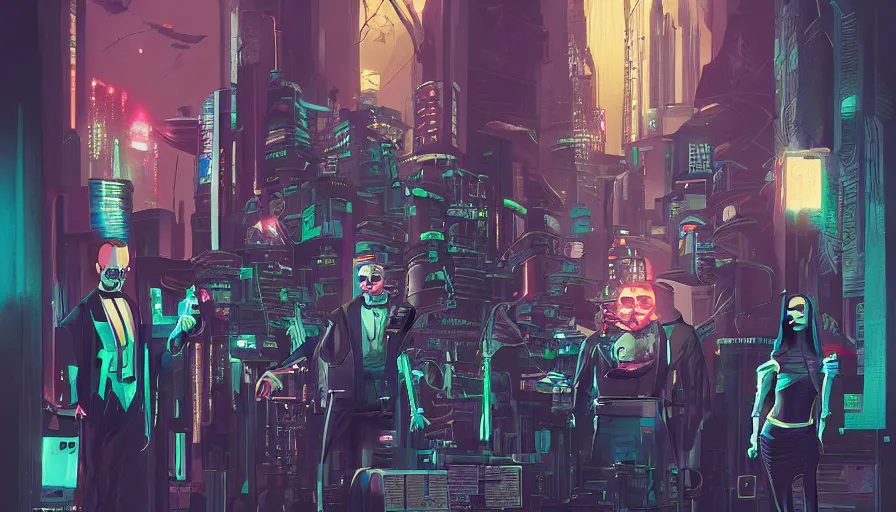 Prompt: cyberpunk addams family, sharp focus, james gilleard, cinematic, game art, extremely detailed digital painting, print