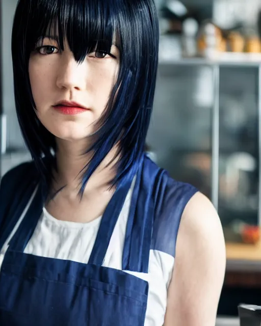 Prompt: touka kirishima from tokyo ghoul as a barista behind the counter, dark blue hair, modern fashion, half body shot, photo by greg rutkowski, female beauty, f / 2 0, symmetrical face, warm colors, natural indoor lighting, depth of field