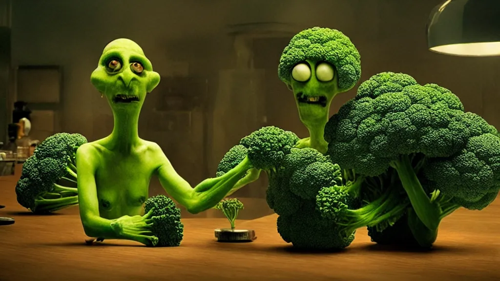 Image similar to the broccoli creature, film still from the movie directed by denis villeneuve and david cronenberg with art direction by salvador dali, wide lens