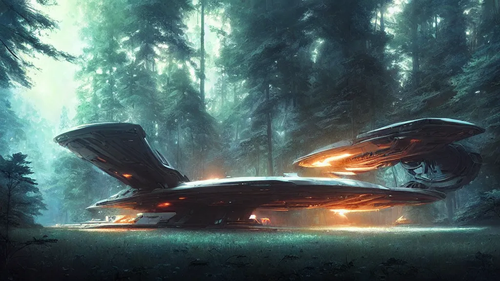 Image similar to a spaceship lost in the forest, detailed digital art by greg rutkowski.
