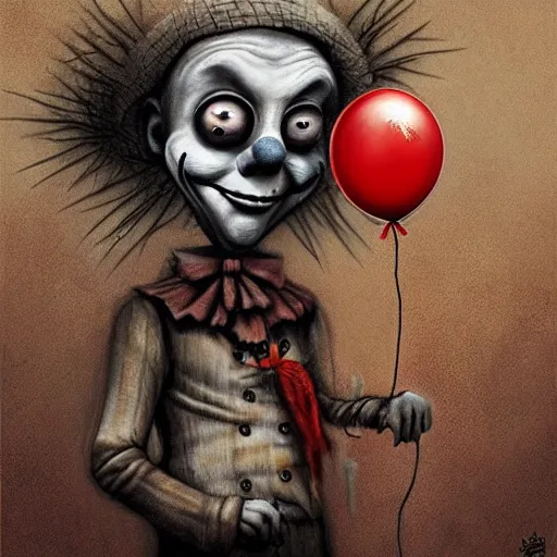 Image similar to surrealism grunge cartoon portrait sketch of a scarecrow with a wide smile and a red balloon by - michael karcz, loony toons style, pennywise style, horror theme, detailed, elegant, intricate