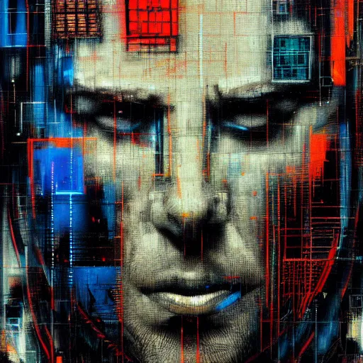 Prompt: hyperrealistic portrait of a cyberpunk man in cyberspace, by Guy Denning, Johannes Itten, Russ Mills, hacking effects, detailed lines, color blocking!, acrylic on canvas, insane detail, intricate, front view, symmetrical, octane, concept art, abstract, artistic, 8k, cinematic, trending on artstation