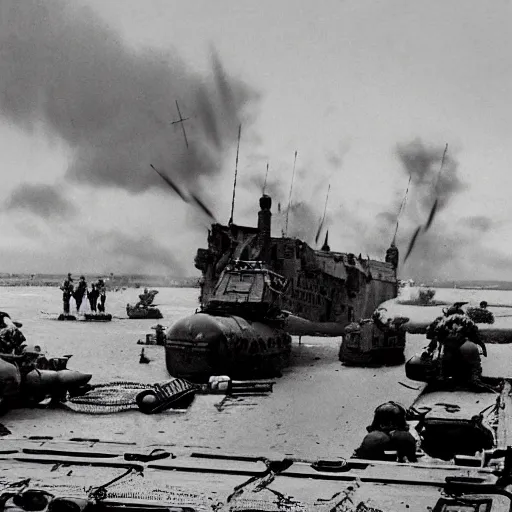 Image similar to shrek landing at d day, black and white world war 2 photograph historical