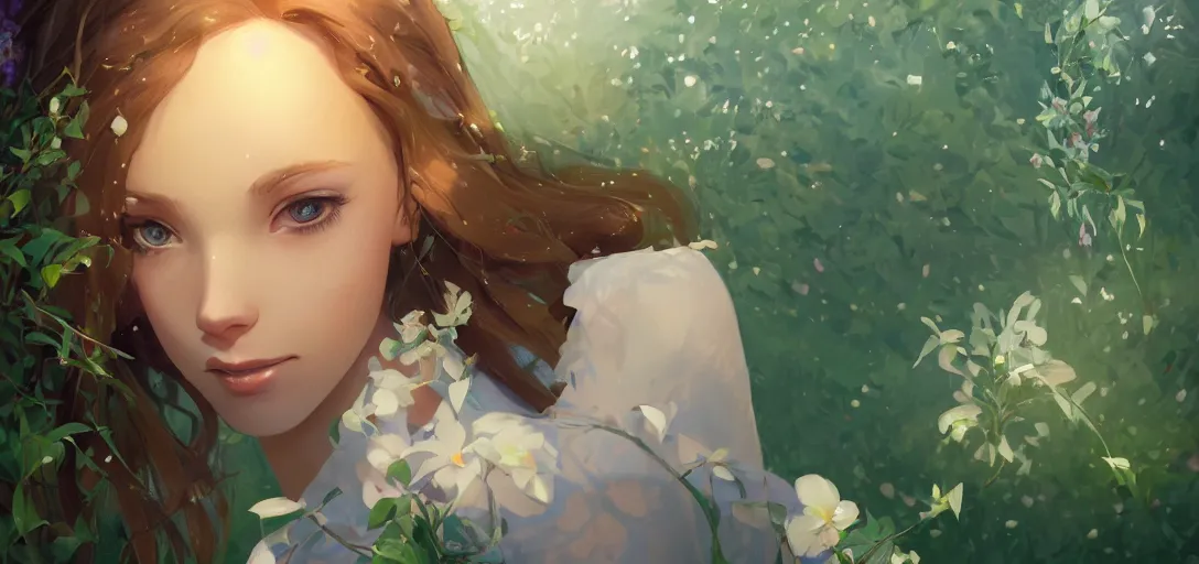 Prompt: a beautiful southern woman named Savannah, innocent, somber turquoise eyes, freckles, long ginger hair tied with white ribbon, sad under a wisteria plant, gentle lighting, storm in the distance, simple dress, digital art by Makoto Shinkai ilya kuvshinov and Wojtek Fus, digital art, concept art,