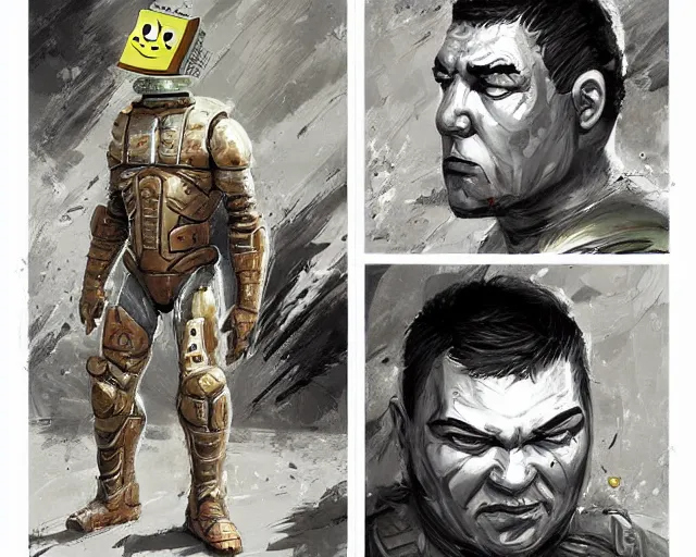 Image similar to portrait of a doomguy as spongebob squarepants, hd shot, digital portrait, beautiful, artstation, comic style, by artgerm, guy denning, jakub rozalski, magali villeneuve and charlie bowater