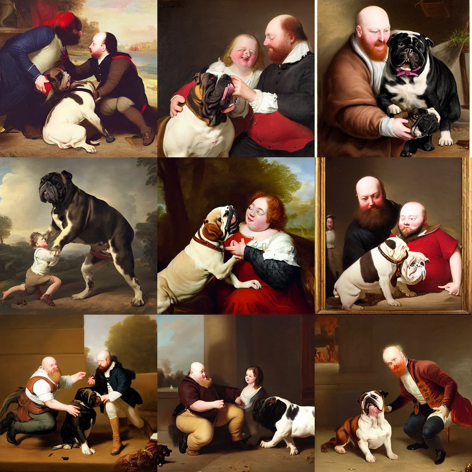 Prompt: playful portrait of angriestpat petting a fat dark brown english bulldog by joseph ducreux