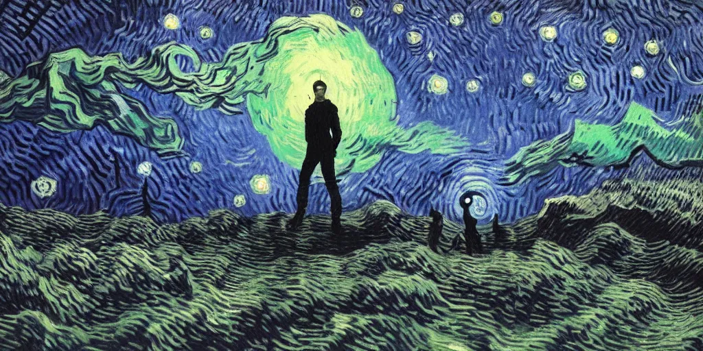 Image similar to outer space with eldritch terror in the middle of composition, cosmic horror, ultra realistic, highly detailed, HD, sharp focus, cinematic lighting, realistic, vivid colors, oil painting, non blurry, sharp, art by van Gogh