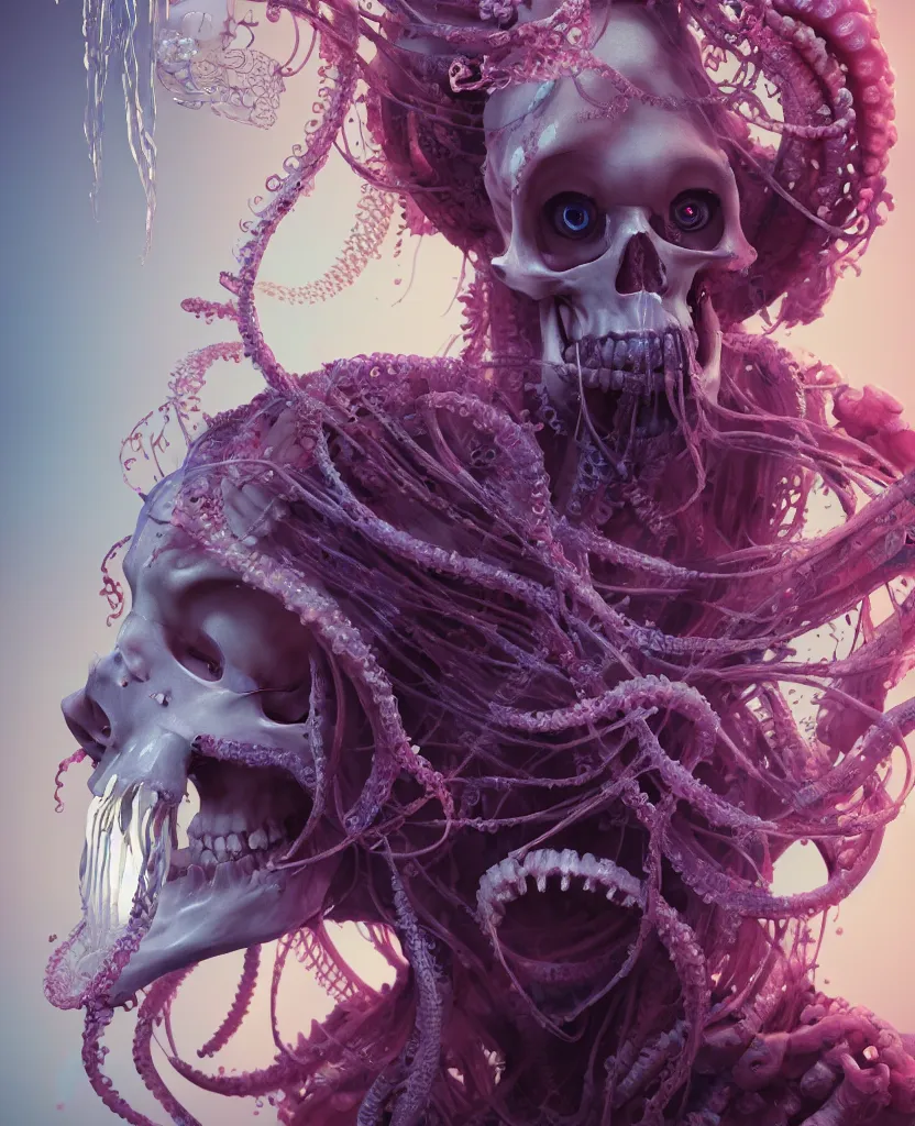 Image similar to goddess close - up portrait human skeleton, ram skull, squid phoenix jellyfish, orchid, betta fish, bioluminiscent, intricate artwork by tooth wu and wlop and beeple. octane render, trending on artstation, greg rutkowski very coherent symmetrical artwork. cinematic, hyper realism, high detail, octane render, 8 k