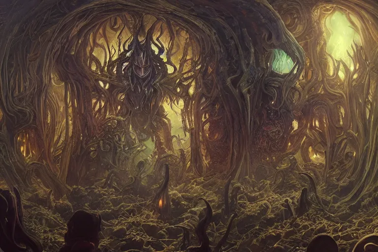 Image similar to a lovecraftian painting of a demonic shrine, occult, moster summoning, warlocks, cosmic horror elements, ultra realistic, concept art, intricate details, eerie, highly detailed, photorealistic, octane render, 8 k, unreal engine. art by artgerm and greg rutkowski and alphonse mucha