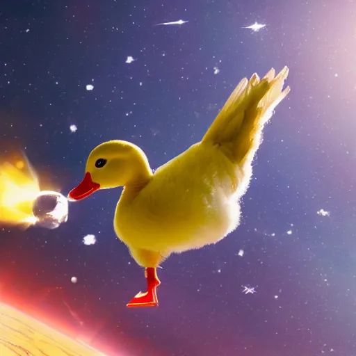 Prompt: A still of a little duckling dressed as an astronaut floating in space, 4k, photograph, photoreal, realistic, highly detailed, epic lighting, awar winning