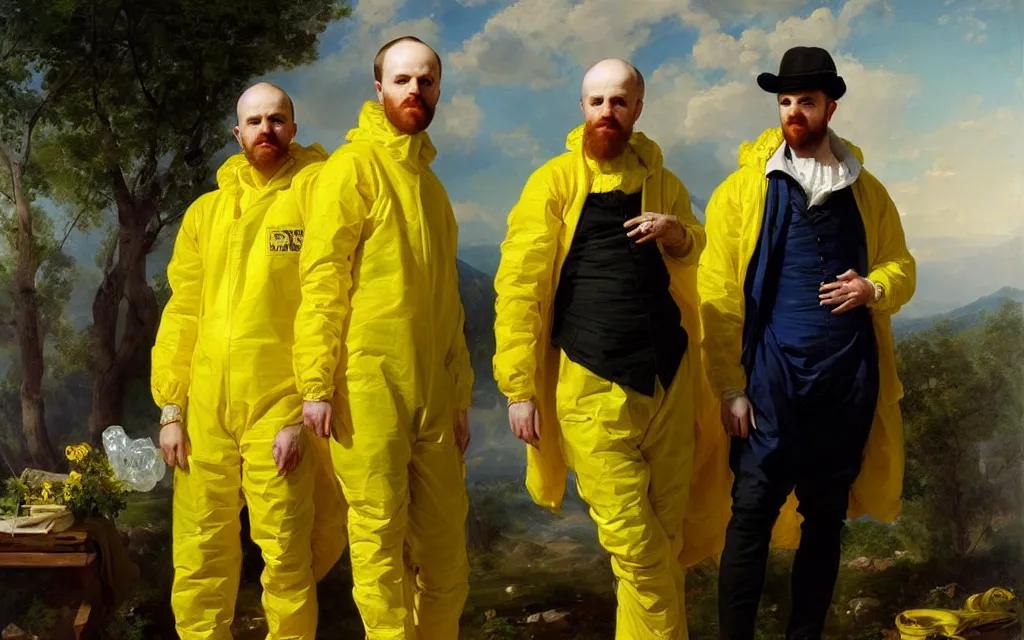Prompt: a beautiful full body portrait of heisenberg and jesse pinkman wearing a yellow plastic lab coat, hazmat, bags of blue crystals surrounding him, art by franz xaver winterhalter, highly detailed, elegant, jewlery, romanticism, rococo, neoclassicism, 1 8 5 0 s style painting, oil on canvas, vivid