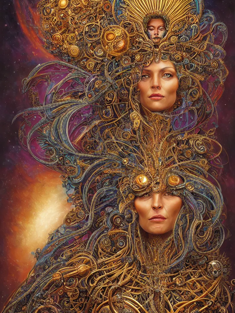 Image similar to fullbody portrait. very complex hyper-maximalist overdetailed cinematic cosmic scifi portrait of an elegant very attractive sun goddess mother of the universe by andrei riabovitchev, tomasz alen kopera, oleksandra shchaslyva and peter morbacher. Extremely ornated and decorative. Fancy luxury beautiful. Omnious intricate. Secessionist portrait illustration. Goddess of the sky. Focus on face. Artstation. Deviantart. 8k 4k 64megapixel. Rendered by binx.ly.