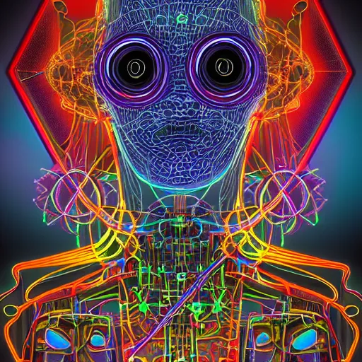 Image similar to hyperdetailed masterpiece portrait of a cyberpunk robot, cyborg covered in colorful glowing holy geometry and chakras, cables and tubes from the ears, symmetrical, 8 k, halluzinogenic