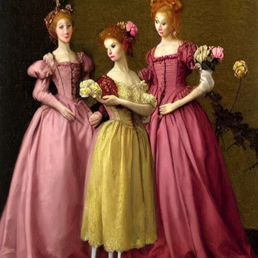 Prompt: group of skinny female artist wearing renaissance dresses, pink and gold flowers in the style of realism, renaissance oil painting, tonalism, rococo, manga