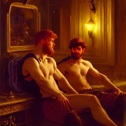 Image similar to hero male mike and hero male tyler, one is ginger and the other brunet, drinking their hearts out, in their noble mansion, at night. highly detailed painting by gaston bussiere, craig mullins, j. c. leyendecker 8 k