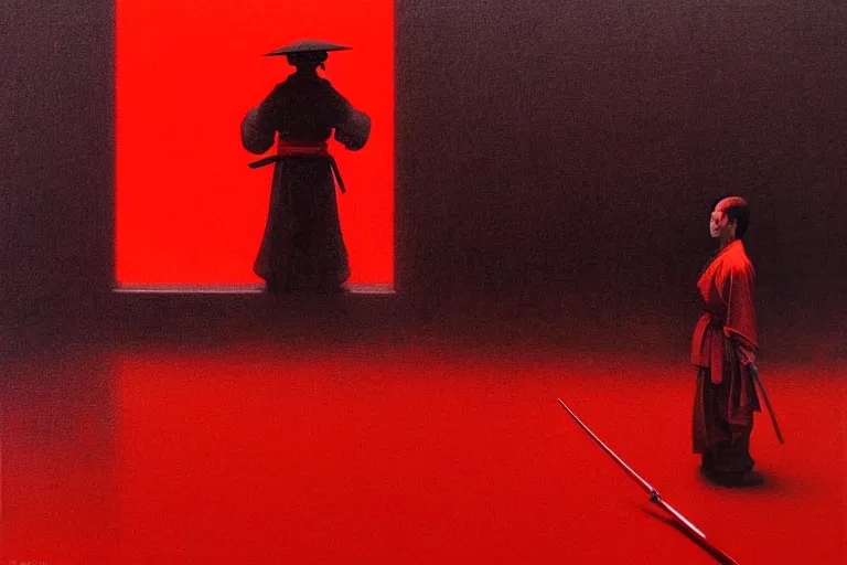 Image similar to only with red, a red samurai harakiri, tokio, a lot of frogs watch, in the style of beksinski, parts by edward hopper, parts by rodcenko, parts by yue minjun, intricate and epic composition, red by caravaggio, insanely quality, highly detailed, masterpiece, red light, artstation, 4 k