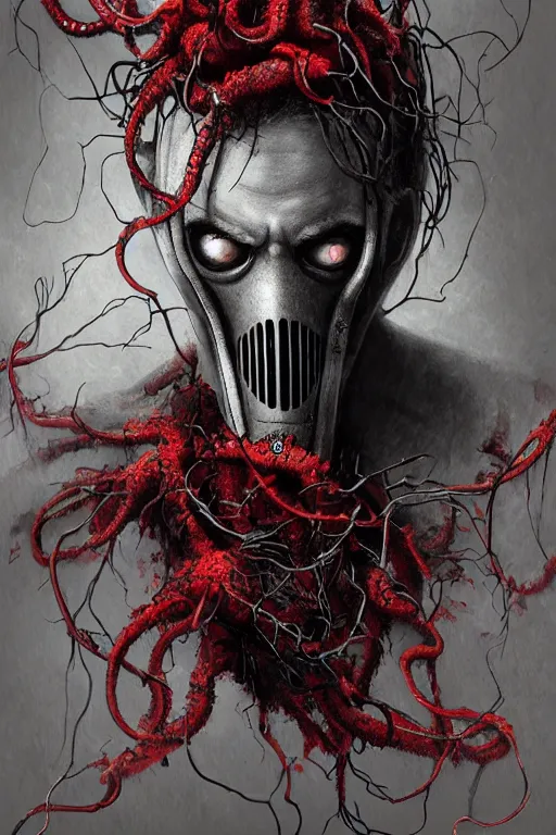 Image similar to realistic portrait beautiful detailed matte painting of cinematic movie scene a zombie with a gas mask, tentacles, black and red, thorns, vines, horror, created by gustave dore and greg rutkowski, high detailed, smooth draw, synthwave neon retro, intricate, realistic proportions, dramatic lighting, trending on artstation.