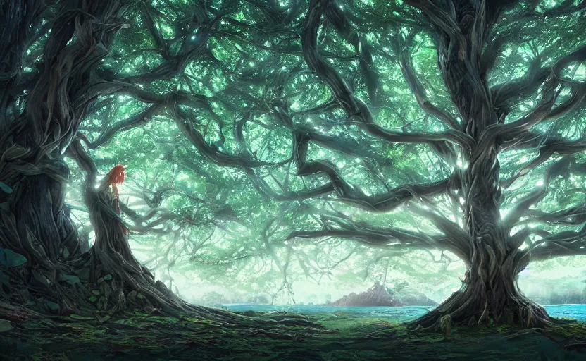 Prompt: twisted root magical tree in the middle of a lake with natural throne, anime inspired, hyper realistic, dramatic lighting, glowing leaves, 8k hdr pixiv dslr photo by Makoto Shinkai ilya kuvshinov and Wojtek Fus, digital art, concept art,