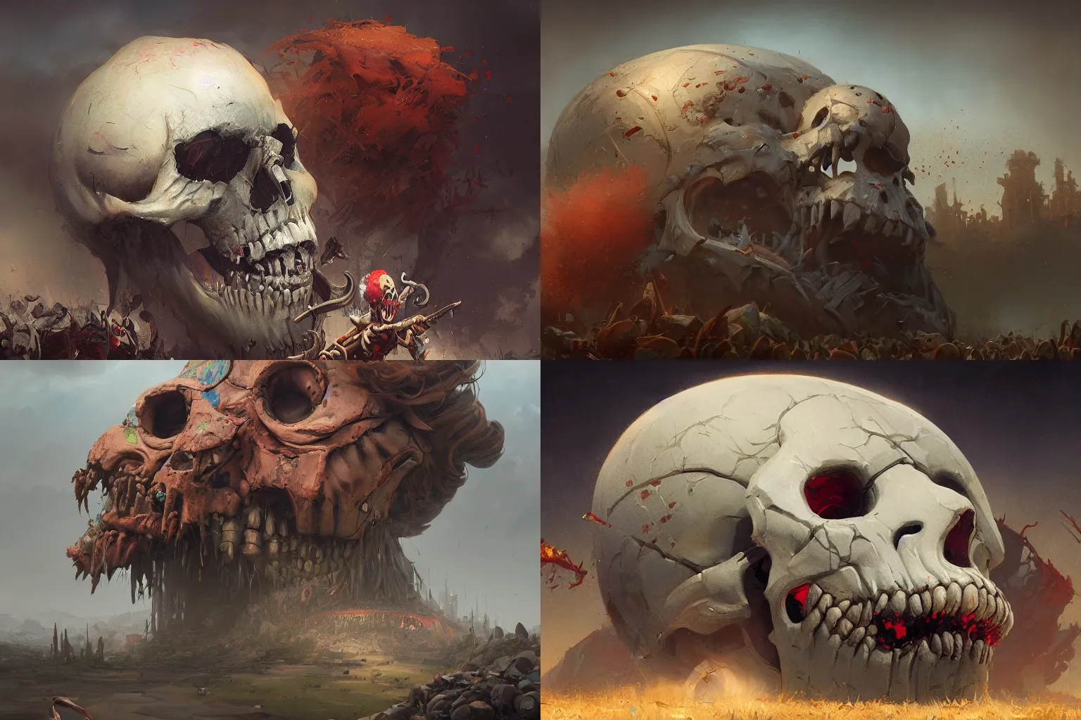 Prompt: giant clown skull landfill, digital painting by greg rutkowski and gaston bussiere, trending on artstation, cgsociety contest winner, zbrush, intricately defined, comprehensive art, 4 k