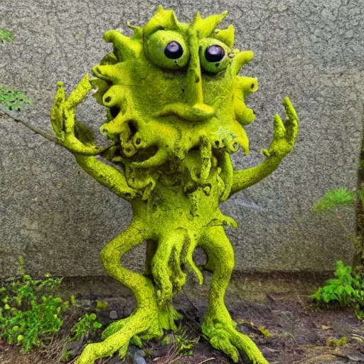 Prompt: statue of a radial creature with 4 eyes and 8 legs with very yellow moss and yellow plants