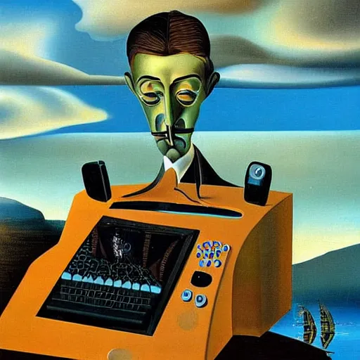 Image similar to a surreal painting of Salvador Dalí using a vintage computer in a vast surreal landscape by Salvador Dalí