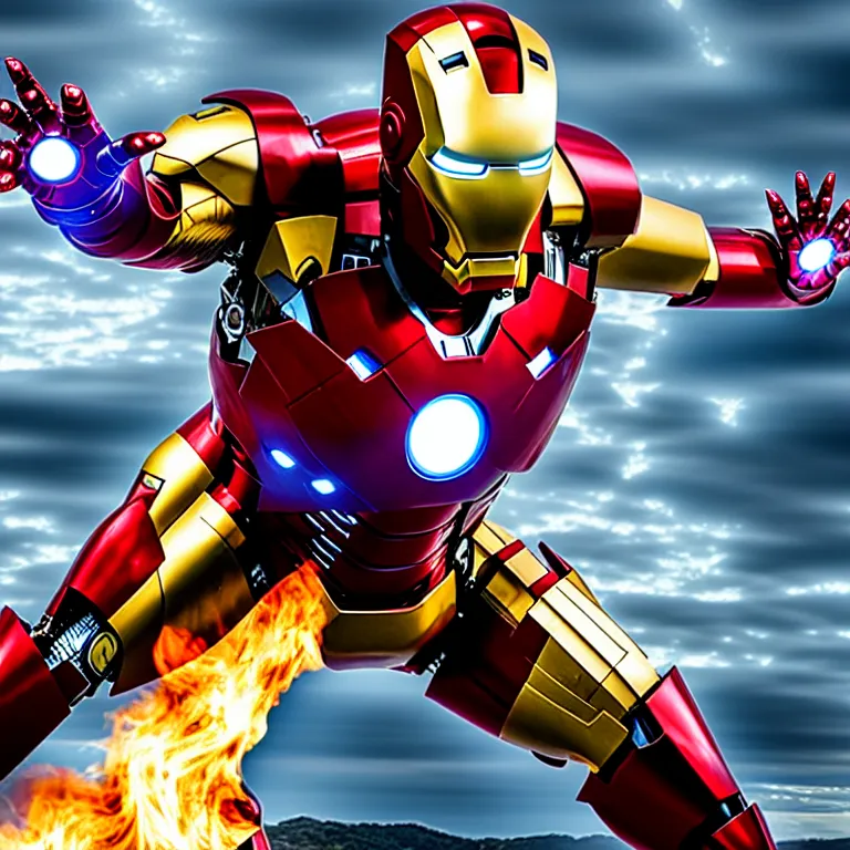 Prompt: iron man with fire behind him, movie still, action flying shot, chrome, shiny, reflective, metallic, 3 d render, realistic, hdr, stan winston studios, dramatic lighting, flame colors bright,