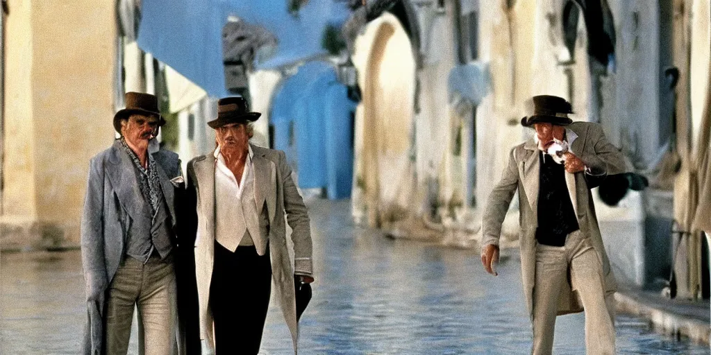 Image similar to a scene from a death in venice ( 1 9 7 1 ) of luchino visconti with burt lancaster walking. technicolor, cinematic, 5 0 mm, highly detailed, highly intricate, extremely realistic faces. technicolor!!!!, vivid colors, colorful, cinematic, highly detailed