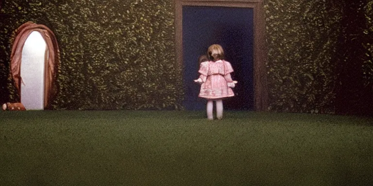 Image similar to photorealistic ultra wide cinematography of danny and wendy torrance from stanley kubrick's 1 9 8 0 film the shining, walking inside and navigating through the hedge labyrinth outside overlook hotel shot on 3 5 mm eastman 5 2 4 7 film by the shining cinematographer john alcott shot on a wide kinoptik tegea 9. 8 mm lens. with golden ratio composition