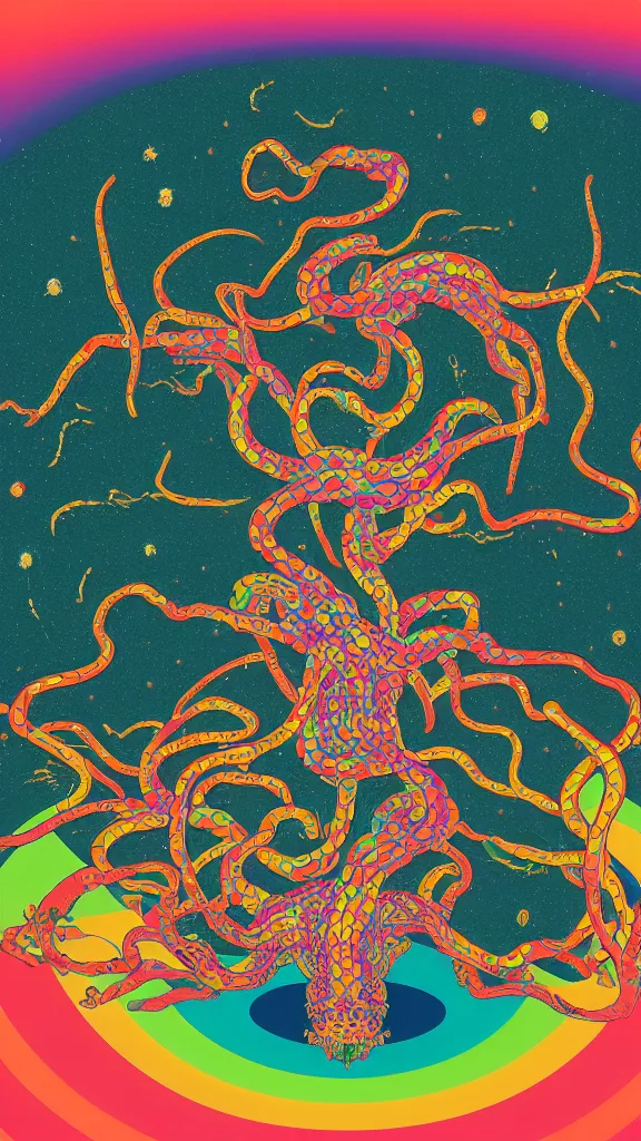 Image similar to a portrait of a lernaean hydra with human heads on an acid trip in a multicoloured rainbow in the cosmos, flat design, screen print by Kawase Hasui and dan hillier, 8k unreal engine