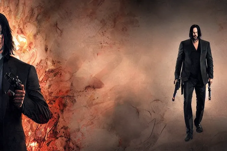 Prompt: keanu reeves as john wick, holding a chainsaw, cinematic, doom eternal concept art