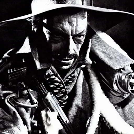 Prompt: Lee Van Cleef as a scifi futuristic cyberpunk cyberpunk cowboy. Amazing photo