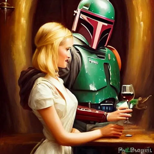 Image similar to ((Boba Fett)) and a beautiful young blonde drinking beer in a wine cellar, food, meat, schnapps, torches on the wall, romantic, inviting, cozy, painting by Vladimir Volegov