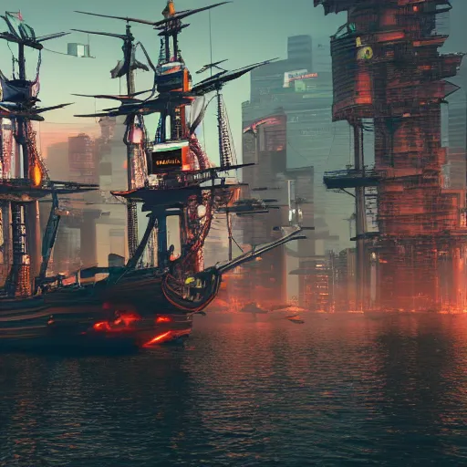 Image similar to high quality photo of a pirate ship in a cyberpunk cyberpunk cyberpunk city, realism, 8k, award winning photo