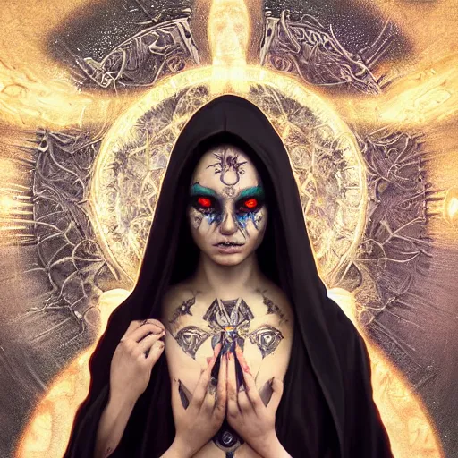 Prompt: portrait painting of a beautiful moon goddess, wearing a dark hooded robe, sacred tattoos on her face, smirking, holding a giant astral scyther, ultra realistic, concept art, intricate details, mystical, highly detailed, photorealistic, octane render, 8 k, unreal engine. art by artgerm and greg rutkowski and alphonse mucha