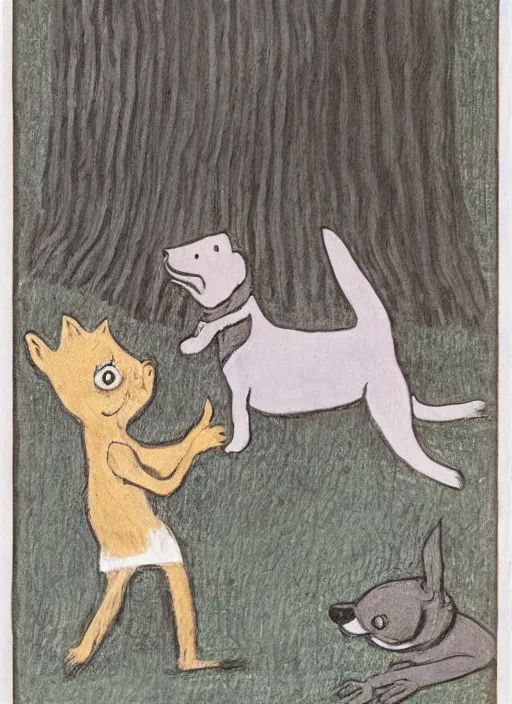 Image similar to little rascal playing with a dog by tove jansson