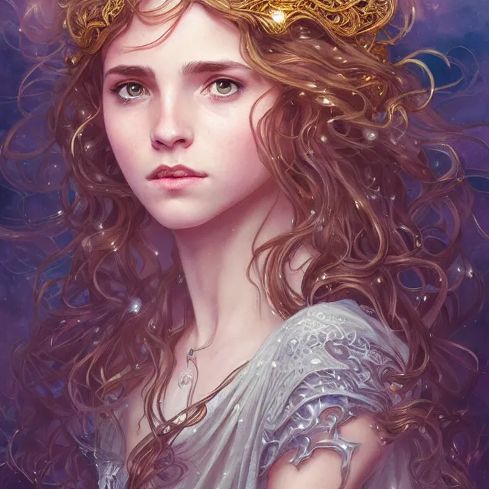 Prompt: beautiful hermione with sparkling eyes, messy hair, closed up portrait, highly detailed, gold filigree, epic, stunningly beautiful, insanely detailed, fantasy novel, soft cinematic lighting, award, disney concept art, watercolor illustration by mandy jurgens and alphonse mucha and alena aenami, pastel color palette, featured on artstation