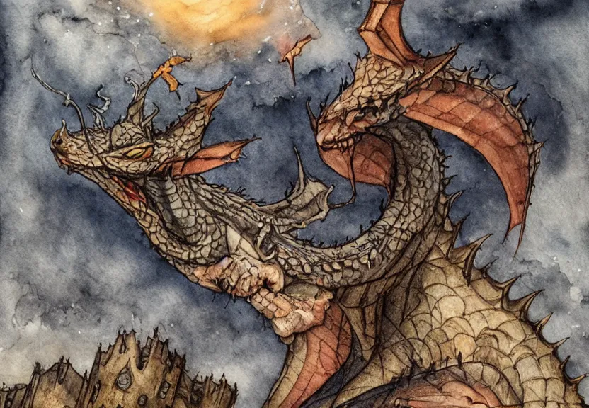 Image similar to possum dragon at a medieval castle under a dark starred sky, dark fantasy, watercolor, dreaming illusion, highly detailed, 4k, trending on Artstation, award-winning