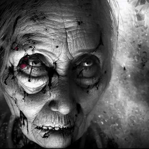 Image similar to a highly detailed photographic render of a creepy old lady, bloody, cannibal woman, cinematic lighting, cinematic scene, Volumetric lighting, Atmospheric scene, Dark, Horror, Atmospheric lighting, Global illumination cinematic render, film, beautifully lit, ray traced, octane 3D render, octane render, unreal engine