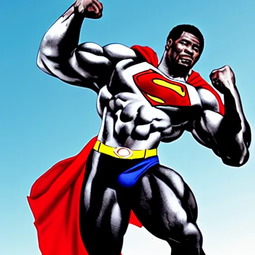 Image similar to hyper realistic black superman flying. super dialed. super muscled