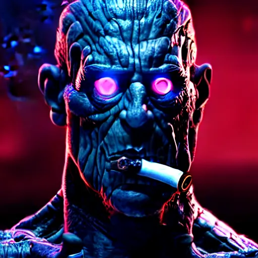 Image similar to korg from thor as a soldier smoking a cigarette, still from the movie universal soldier, still from the movie terminator, fog, dramatic lighting, cinematic, 4 k, full body shot, backlit, rim lighting, full body view, cyberpunk, bladerunner