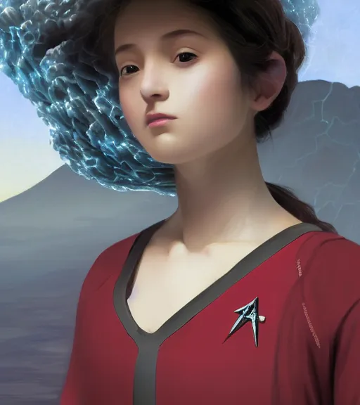 Image similar to close-up of a 21 year old schoolgirl hacking laptop on Diamond Head volcano, thermal lava flowing down dark travertine terraces, intricate, elegant, luxurious, digital painting, concept art, smooth, sharp focus, from Star Trek 2021, illustration, by WLOP and Ruan Jia and Mandy Jurgens and William-Adolphe Bouguereau, Artgerm