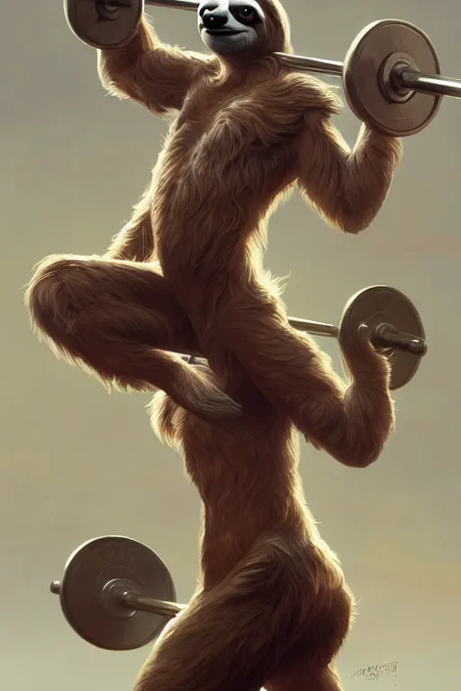 Image similar to anthro sloth lifting weights, dim dingy gym, dynamic pose, fantasy, intricate, elegant, highly detailed, digital painting, artstation, concept art, matte, sharp focus, illustration, art by artgerm and greg rutkowski and alphonse mucha